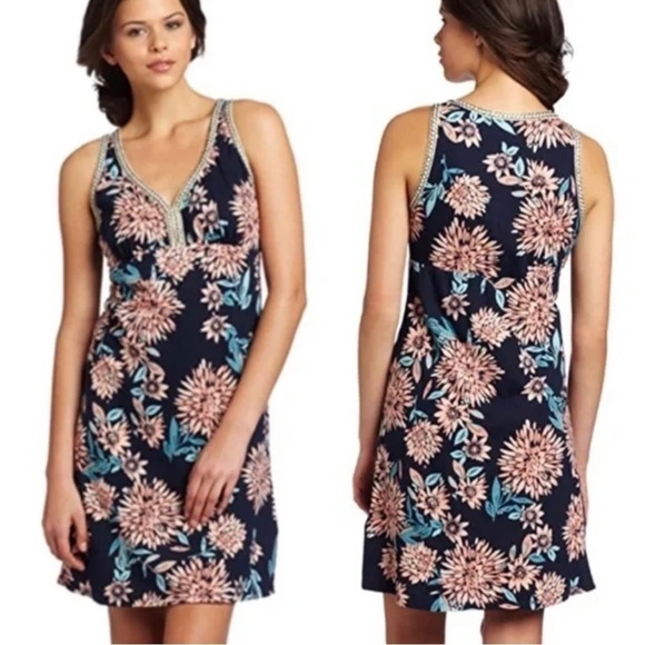 LUCKY BRAND Eastern Floral Navy Pink Sleeveless Cotton Dress Size M - Picture 1 of 14
